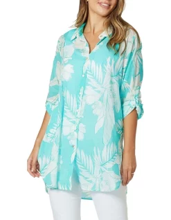 Wholesale β¨ Gordon Smith Leaf Print Longline π Shirt In Aqua/White β