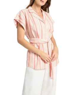 Brand new 🛒 David Lawrence Sanna Striped Linen 👚 Shirt In Tangerine Multi 🌟