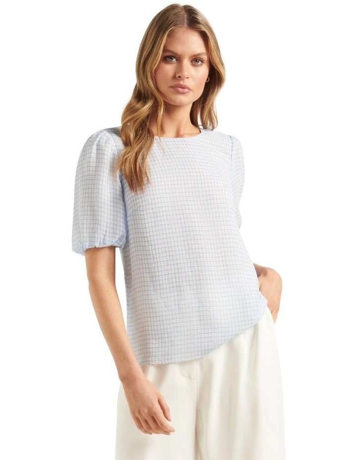 Best Sale π€© Forever New Samantha Check Bubble Sleeve Top In Blue π₯°