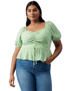 Best Sale 👏 Forever New Curve Lana Curve Ruched Front Top Lime Retro Ditsy 🌟