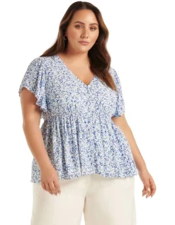 Outlet ✨ Forever New Curve Claudia Flutter Sleeve Blouse In Blue 🎉
