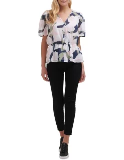 Promo 😀 DKNY Printed Wrap Elastic Waist Blouse Ivory Herb Multi 🥰