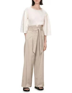 Brand new 🧨 Veronika Maine ☀️ Summer Linen Fluted Sleeve Top In Pale Stone 🎁