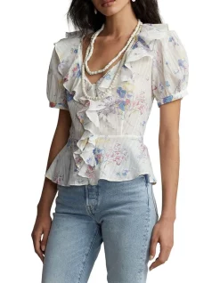 Budget 𧨠Polo Ralph Lauren Ruffled Floral Cotton Blouse In White Multi π€©