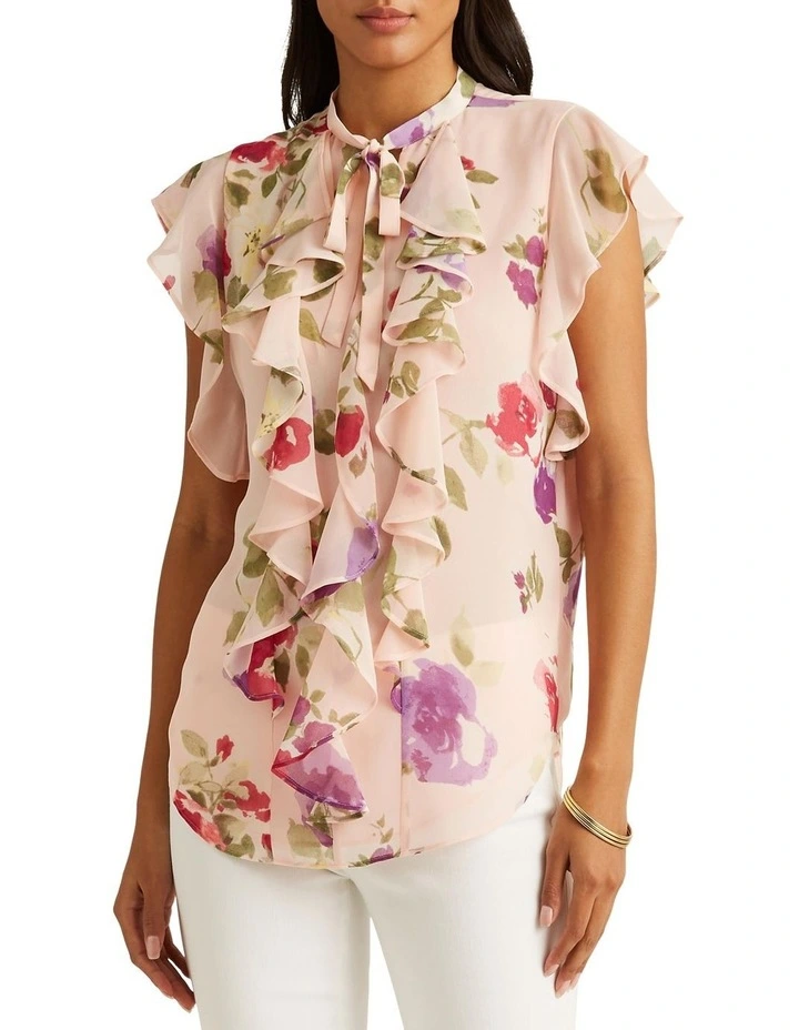 Budget π Lauren Ralph Lauren Floral Chiffon Ruffle-Trim Blouse In Pink Multi π§¨