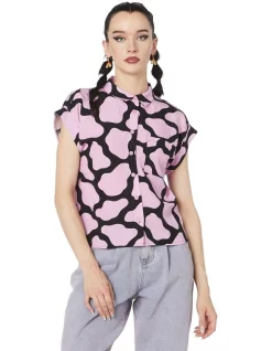 Budget ⌛ Dangerfield Skip Geo Boxy Collar Blouse Pink ⭐