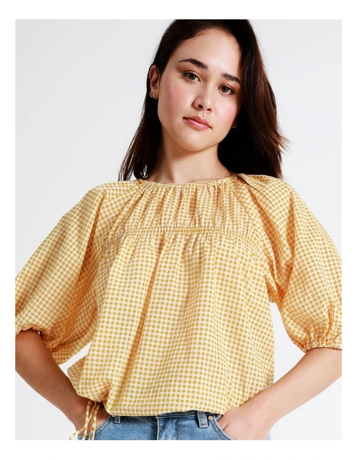 Cheap π Piper Organic Cotton Shirred Babydoll Blouse In Mustard Gingham 𧨠- Image 2