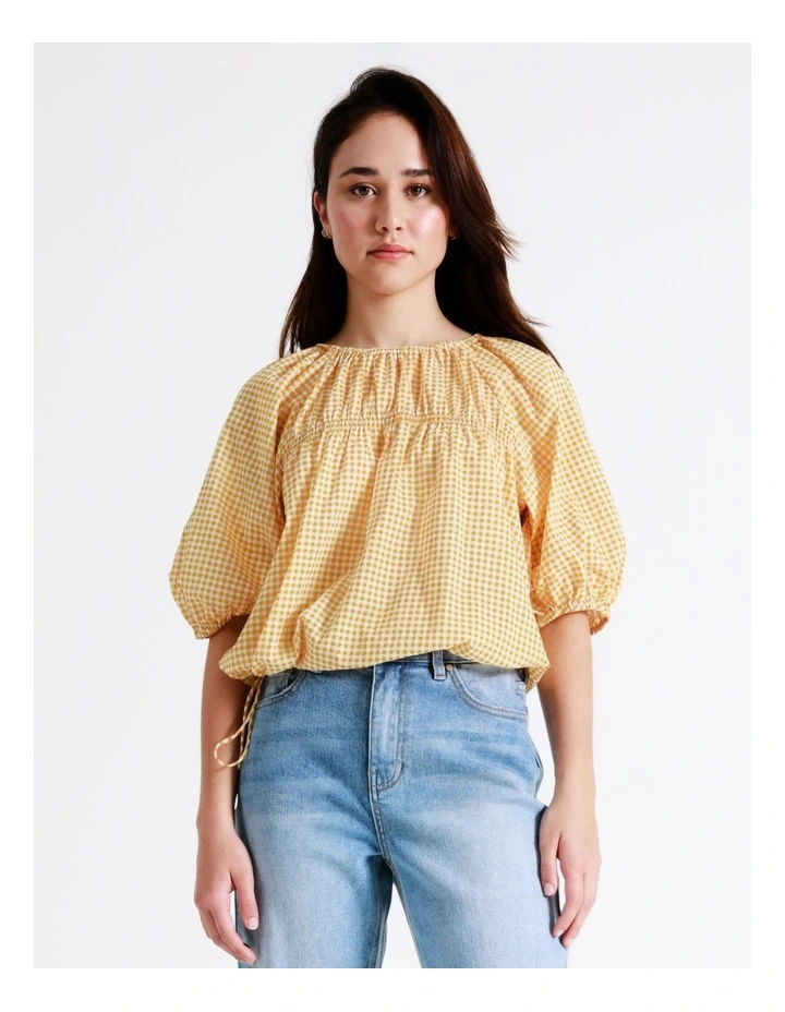 Cheap π Piper Organic Cotton Shirred Babydoll Blouse In Mustard Gingham 𧨠- Image 3