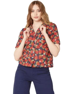 Discount 💯 Princess Highway Strawberry & Daisy Collared Blouse Navy ⌛