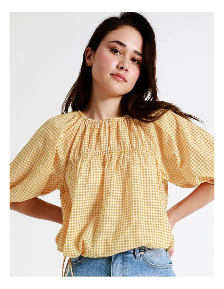 Cheap π Piper Organic Cotton Shirred Babydoll Blouse In Mustard Gingham 𧨠- Image 4