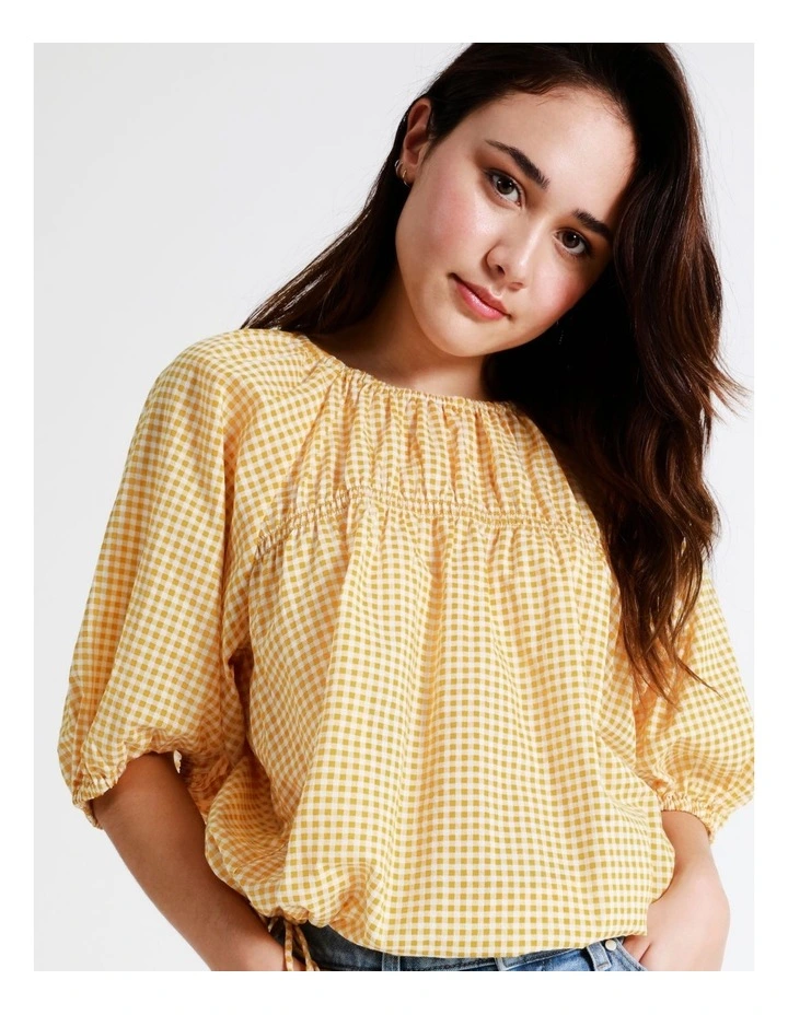 Cheap π Piper Organic Cotton Shirred Babydoll Blouse In Mustard Gingham 𧨠- Image 5