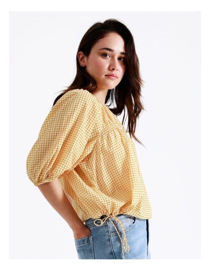 Cheap π Piper Organic Cotton Shirred Babydoll Blouse In Mustard Gingham 𧨠- Image 6