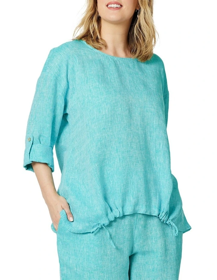 Outlet π Hammock & Vine Tab Sleeve Drawstring Hem Linen Top In Blue π - Image 2