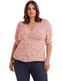 Discount 👏 Forever New Curve Aisha Printed Tie Waisted Blouse In Red 💯
