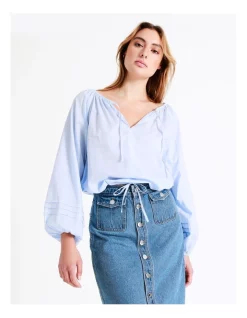 Outlet 🤩 Grab Denim Organic Pintuck Sleeve Detail Top In Crystal Blue 🔔
