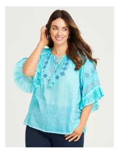 Deals 🥰 Taking Shape Cotton Pigment Print Top In Capri Blue ⌛