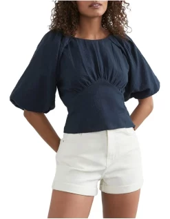Top 10 ✔️ French Connection Puff Sleeve Seersucker Top In Navy 🎁