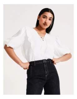 Wholesale π€© Basque Ruffle Lace Up Blouse In Ivory β€οΈ