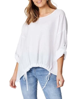 Cheap 🤩 Hammock & Vine Tab Sleeve Drawstring Hem Linen Top In White 💯