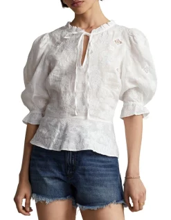 Budget π Polo Ralph Lauren Inset-Lace Linen Peplum Blouse In White π₯