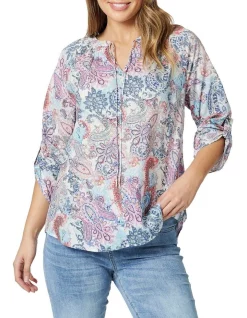 Promo β€οΈ Gordon Smith Cotton Voile Paisley Print Top In Blue Multi π