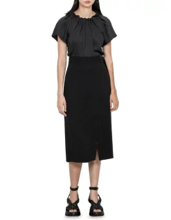 Discount 👍 Veronika Maine 🔨 Hammered Satin Pleat Neck Top In Black 🔔