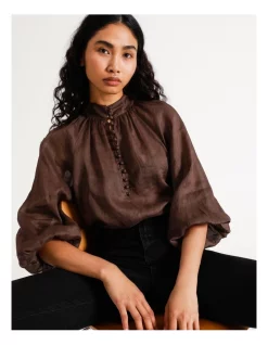 Best deal 😀 Piper Ramie High Neck Button Blouse Brown 😉