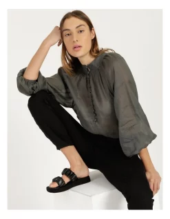 New ❤️ Piper Ramie High Neck Button Blouse Dark Green ✨