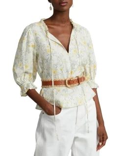 New 💯 Polo Ralph Lauren Floral Linen Peplum Blouse In Yellow 🥰