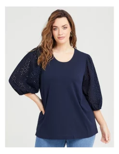 Buy 😍 Taking Shape Organic Broderie 3/4 Sleeve Top In Navy 🎁