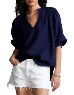 Best Sale π Polo Ralph Lauren Shirred Linen Top In Navy Blue π