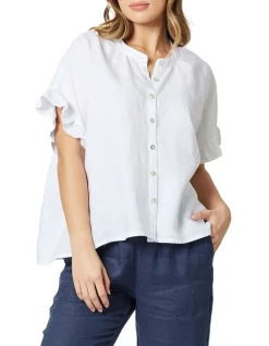 Outlet 😍 Hammock & Vine Frilled Sleeve Linen Top In White 🥰