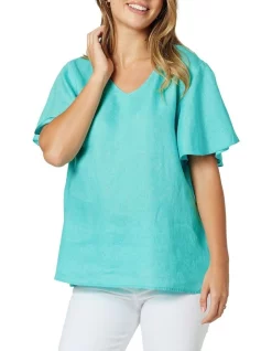 New β Gordon Smith Flute Sleeve Linen Top In Aqua β¨