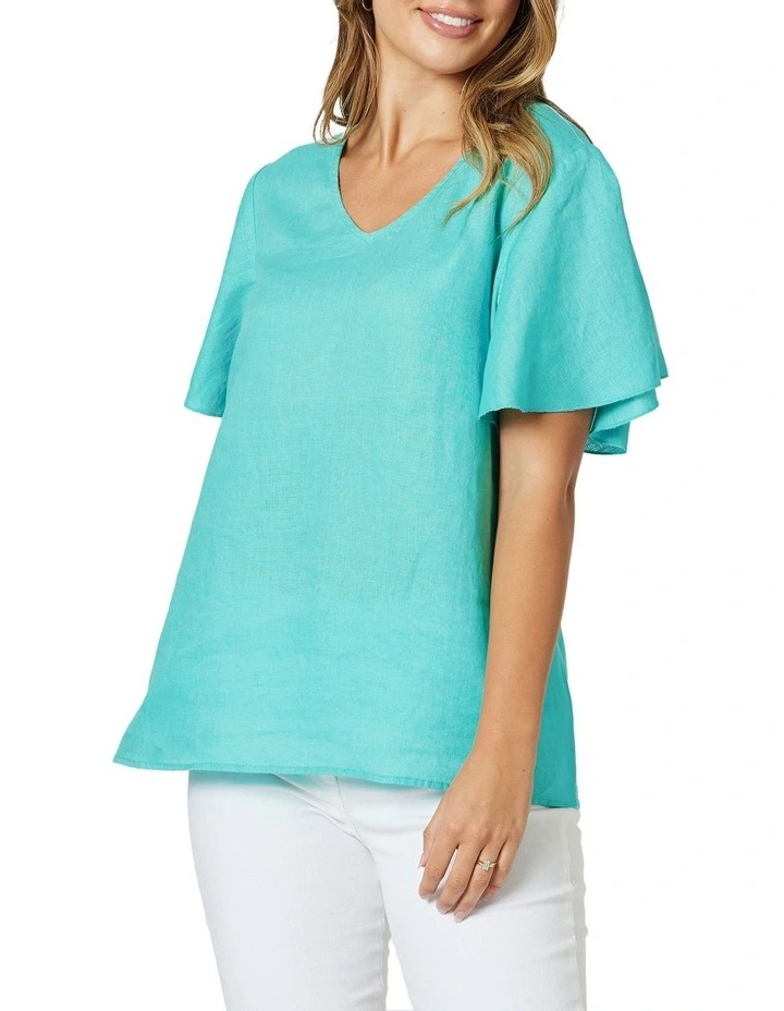 New ⌛ Gordon Smith Flute Sleeve Linen Top In Aqua ✨ - Image 2
