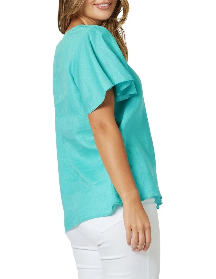 New ⌛ Gordon Smith Flute Sleeve Linen Top In Aqua ✨ - Image 3