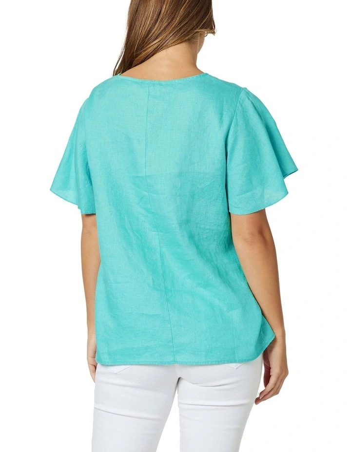 New ⌛ Gordon Smith Flute Sleeve Linen Top In Aqua ✨ - Image 4
