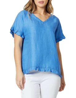 Hot Sale π€© Gordon Smith Alex Ruffle Linen Top In Cobalt π