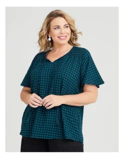 Budget π₯ Taking Shape Cotton Blend Gingham Top In Teal π₯